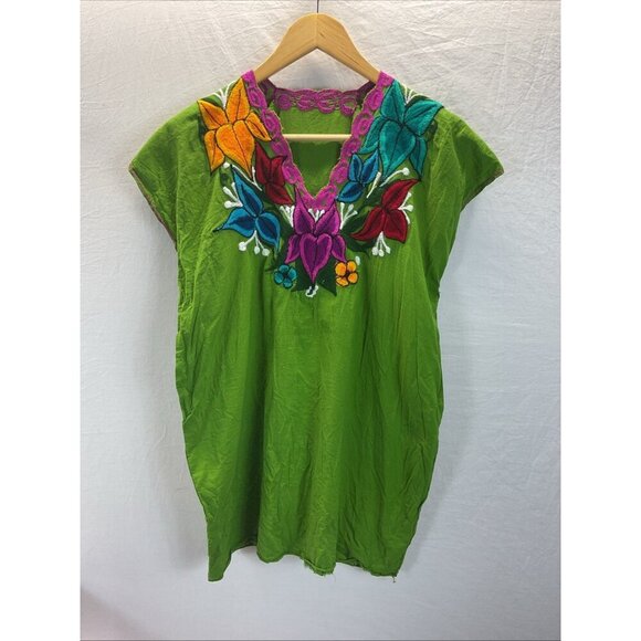 Mexican Blouse Womens Med Green Floral Hand Embroidery Artesian‎ Boho Peasant - Picture 1 of 7